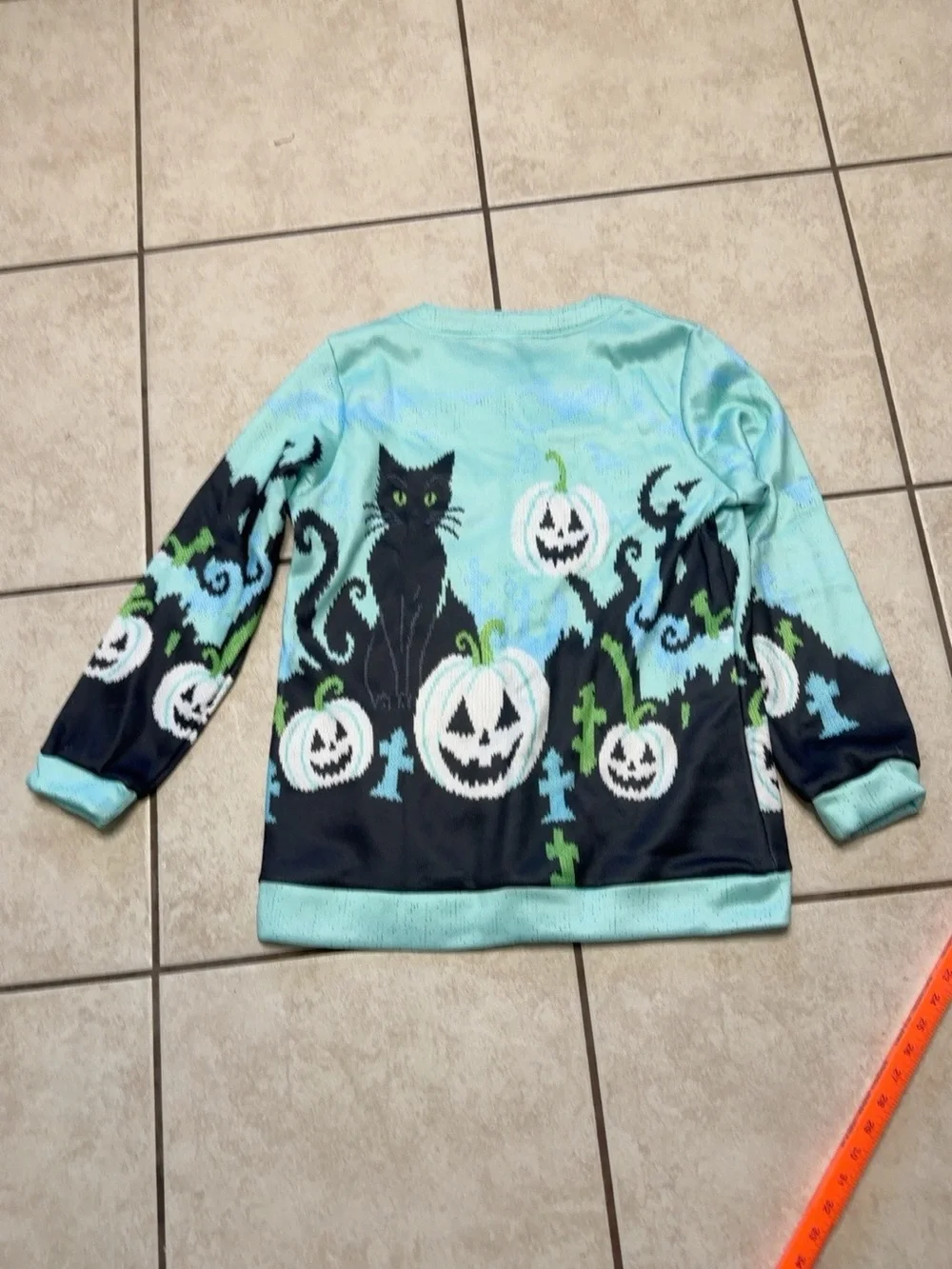 Halloween Black Cat Pumpkin Cardigan Sweater Aqua Medium